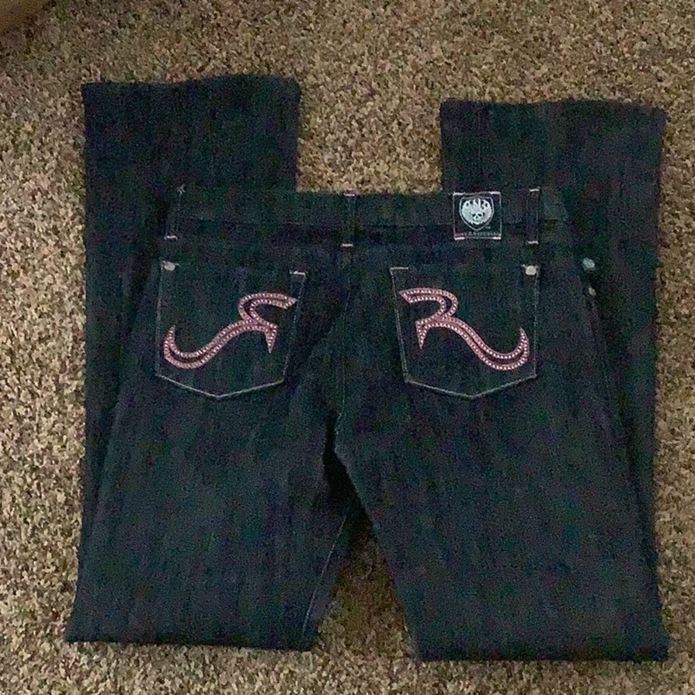 Dark Wash Bootcut Jeans with Pink Pocket Rhinestone embroidery